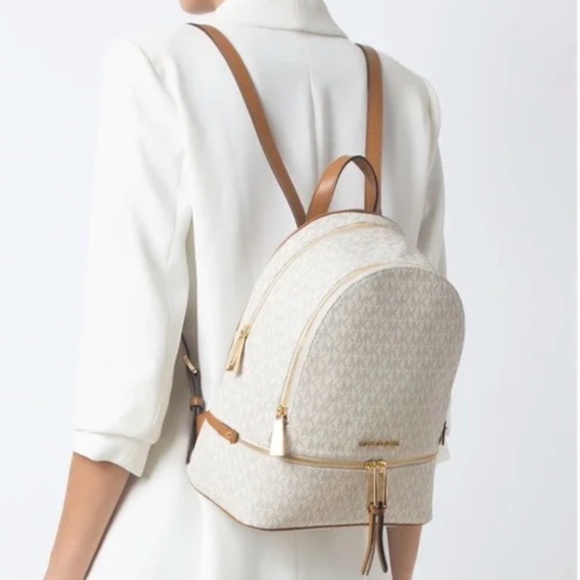 Michael Kors Rhea Medium Signature Logo Backpack in Light Cream Multi - Picture 2 of 16